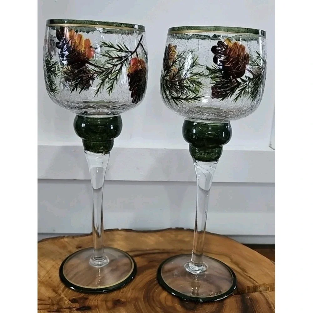 2 Pedestal Yankee Candle Winter Votive Holders Frosted Pine Crackle Stem Glasses